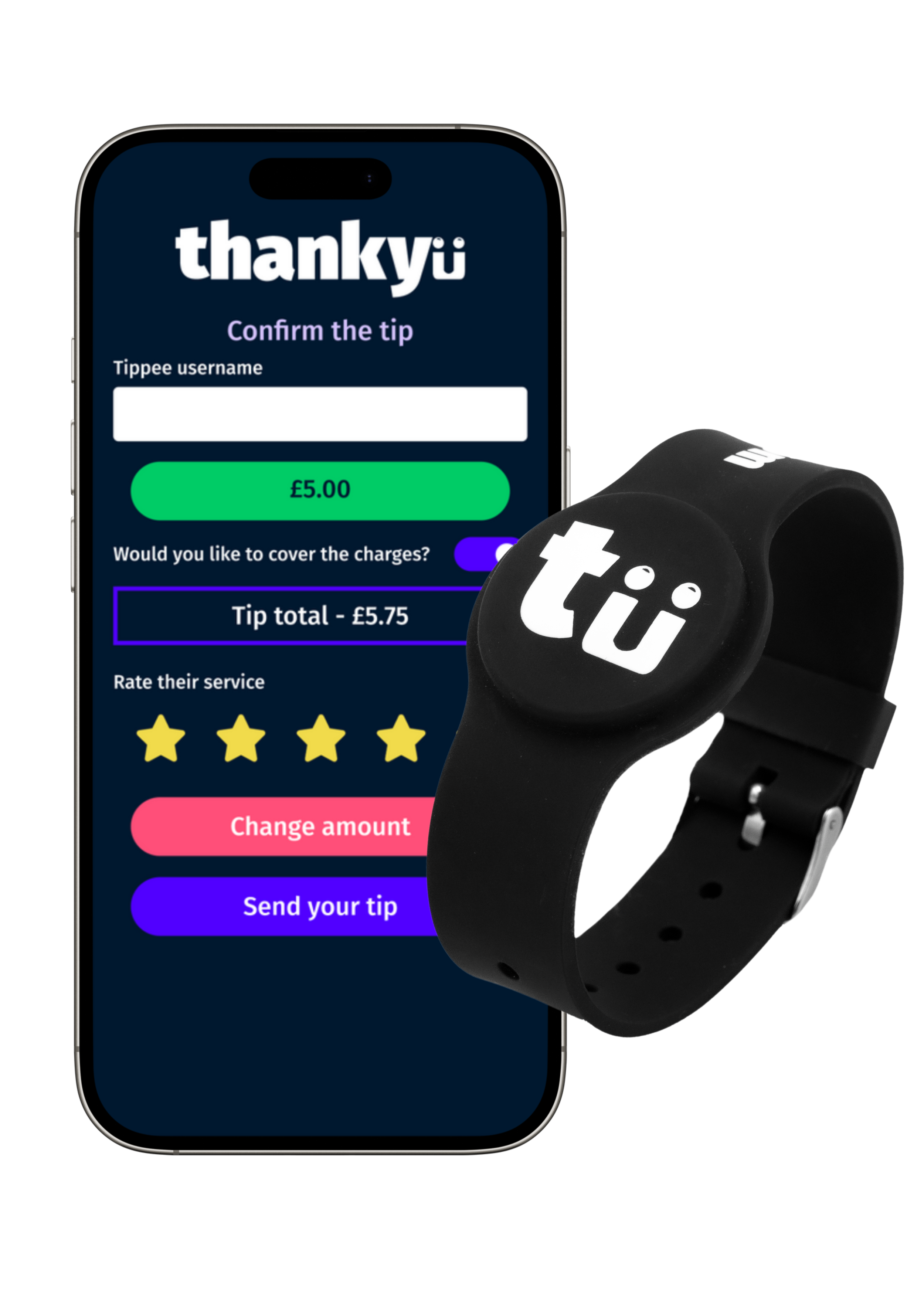 A smartphone displaying a tip payment app with the logo 'thankyu' and a black wristband with the same logo, both related to tipping service workers.