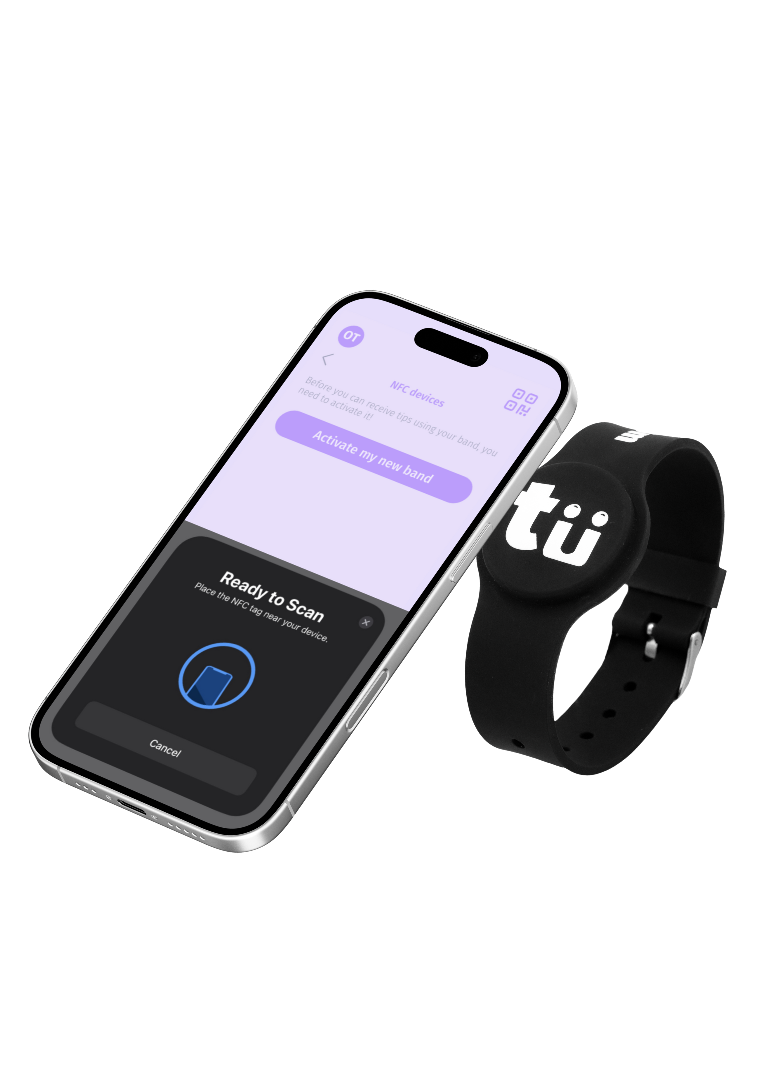 Smartphone displaying an app for NFC device setup and a black sports wristband with white text.