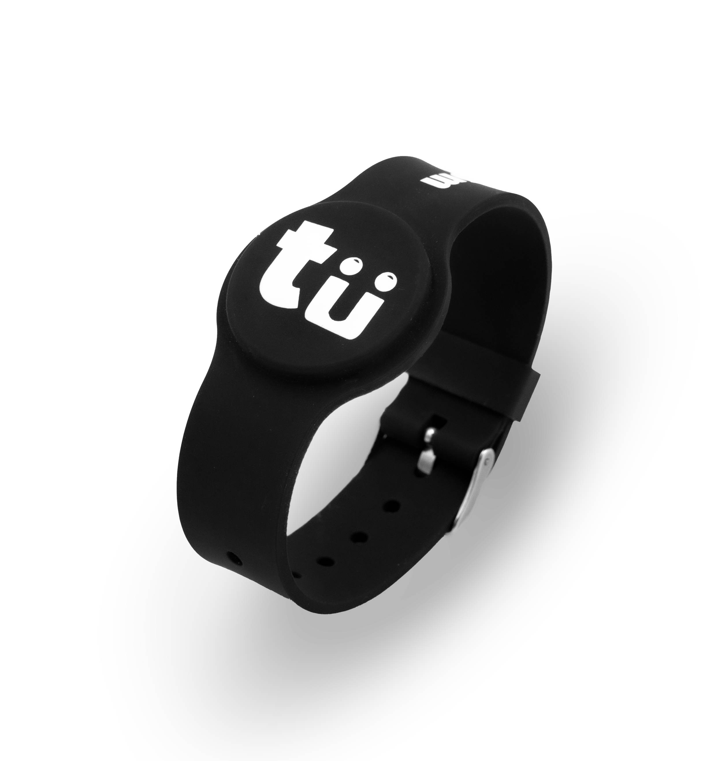 Close-up of a black wristband with a round face displaying the tux logo. The band has an adjustable buckle. The background is black.