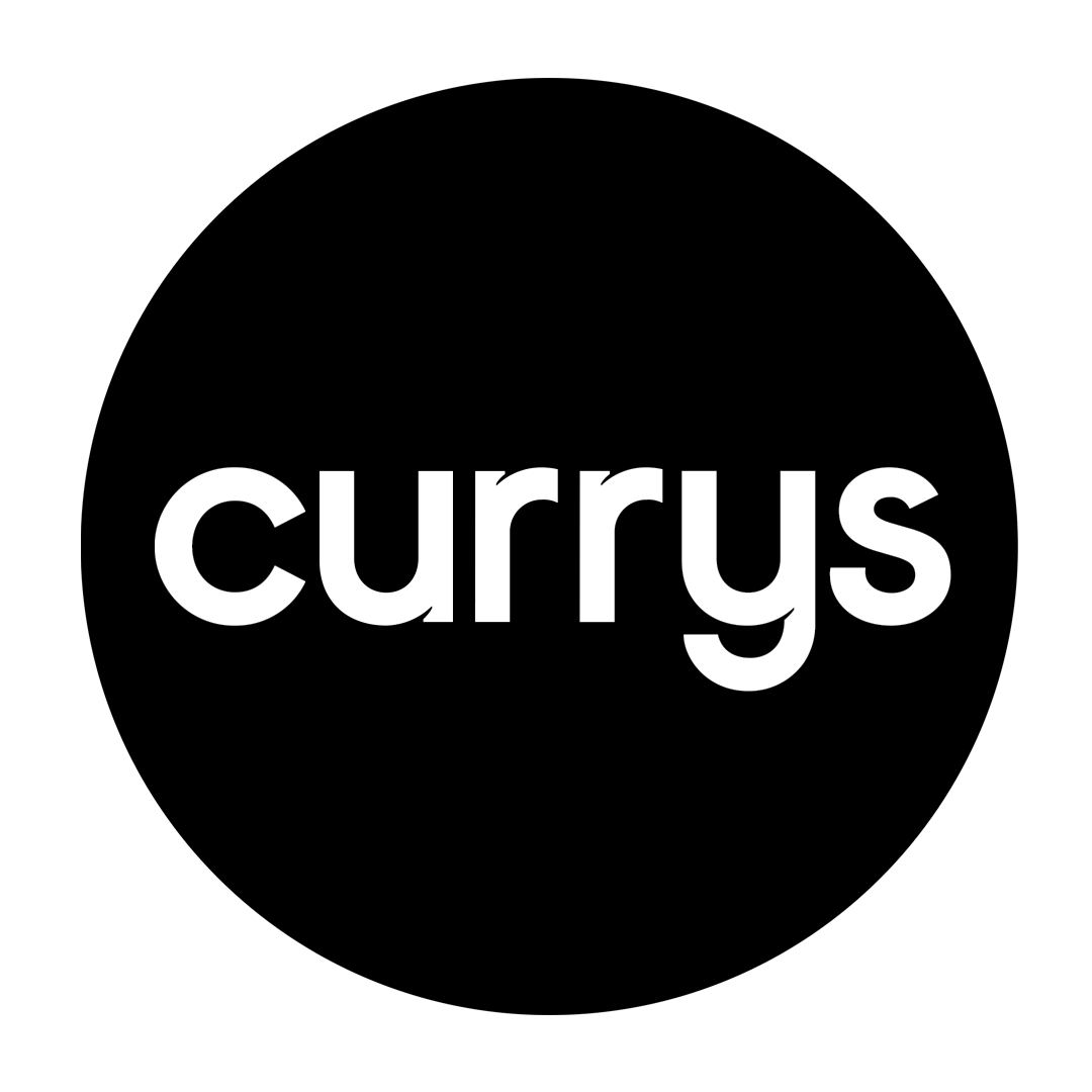 Black circle with the word 'currys' in white lowercase letters