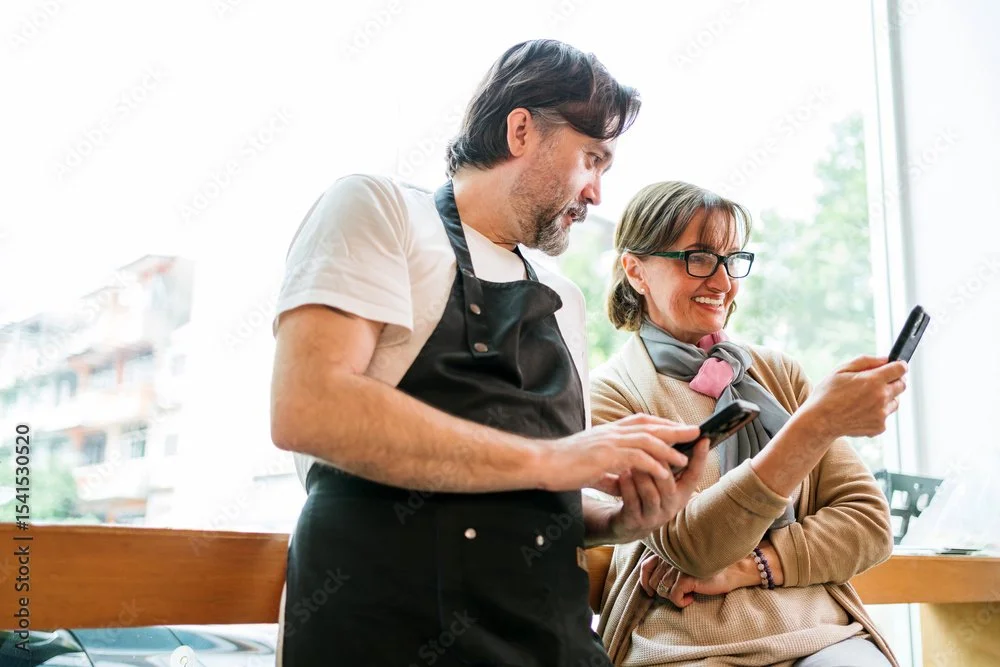 Man and woman, possibly at a cafe, looking at their smartphones and smiling.