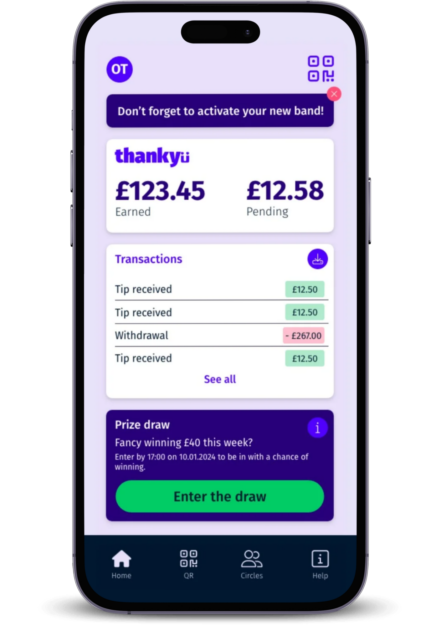 Smartphone screen displaying a digital payment app with account balances, transactions, and a prize draw entry button.