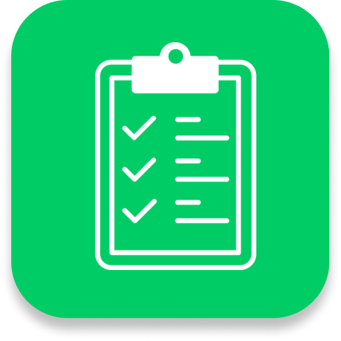 Icon of a clipboard with a checklist, featuring three checkmarks and lines of text on a green background.