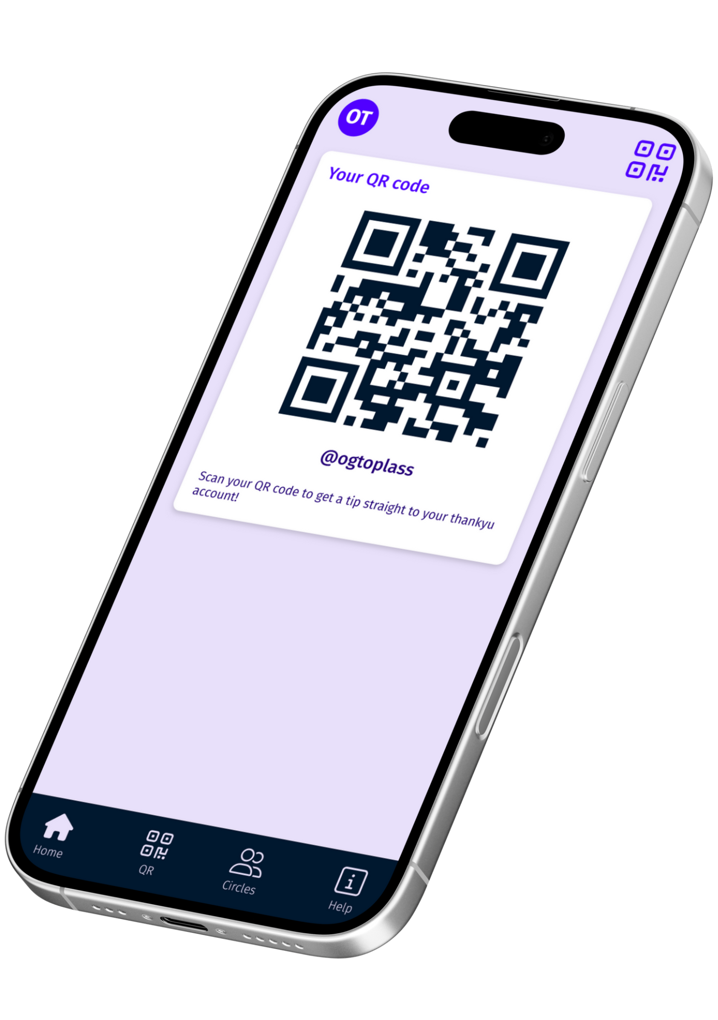 Smartphone displaying a QR code with the username '@ogtoplass' and instructions to scan the code for tips, app navigation icons at the bottom, and a black background.