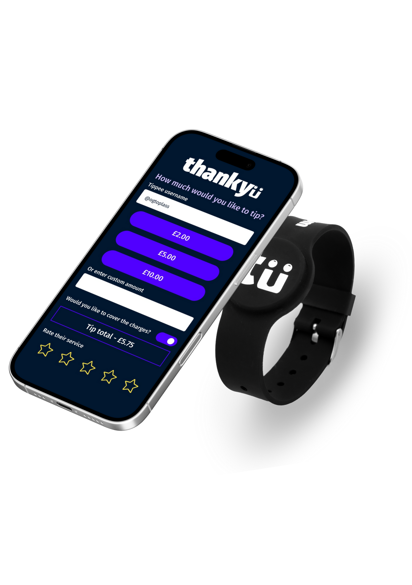 Smartphone with tipping app and wristband on a dark surface.