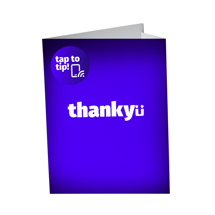 A purple thank you card with white text that says "thank you" and a small smiley face, with a blue circle in the top left corner that has white text reading "tap to tip!" and an icon of a smartphone.