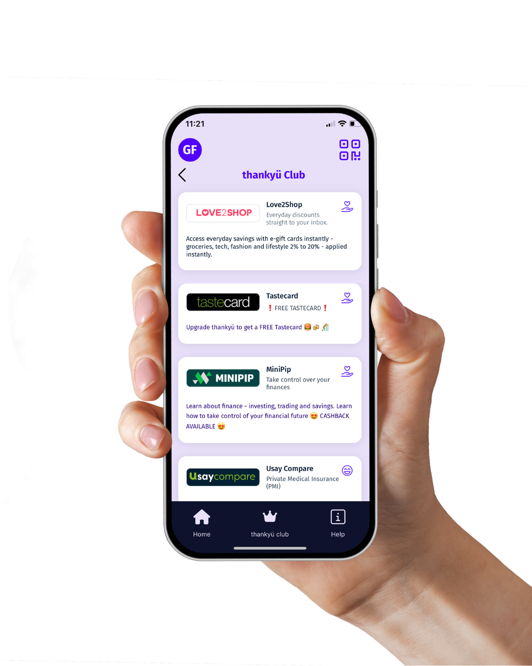 A person holding a smartphone displaying a loyalty or rewards app with various offers and services.