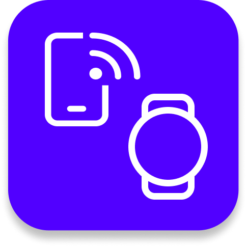 Icon of a smartwatch and a smartphone with wireless signals.
