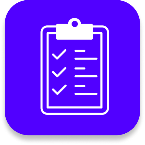 Icon of a checklist on a clipboard with three checked items, on a purple background.