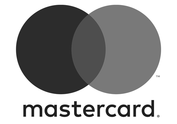 Mastercard logo with two overlapping circles, one black and one gray, and the word 'mastercard' below.