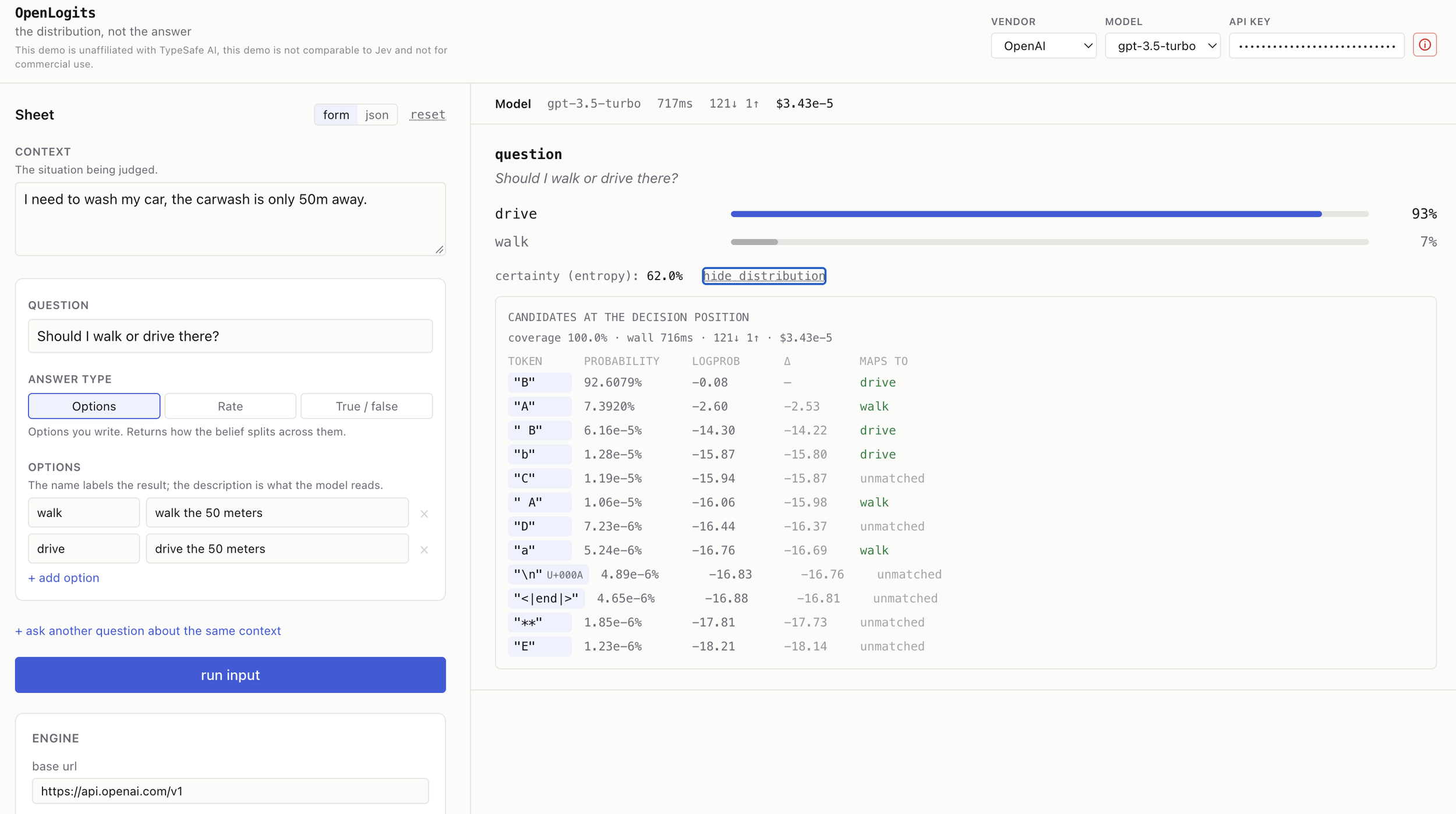 A screenshot of the OpenLogits interface shows a question about washing a car, with options to walk or drive 50 meters, and a decision-making process from an AI model analyzing the options.