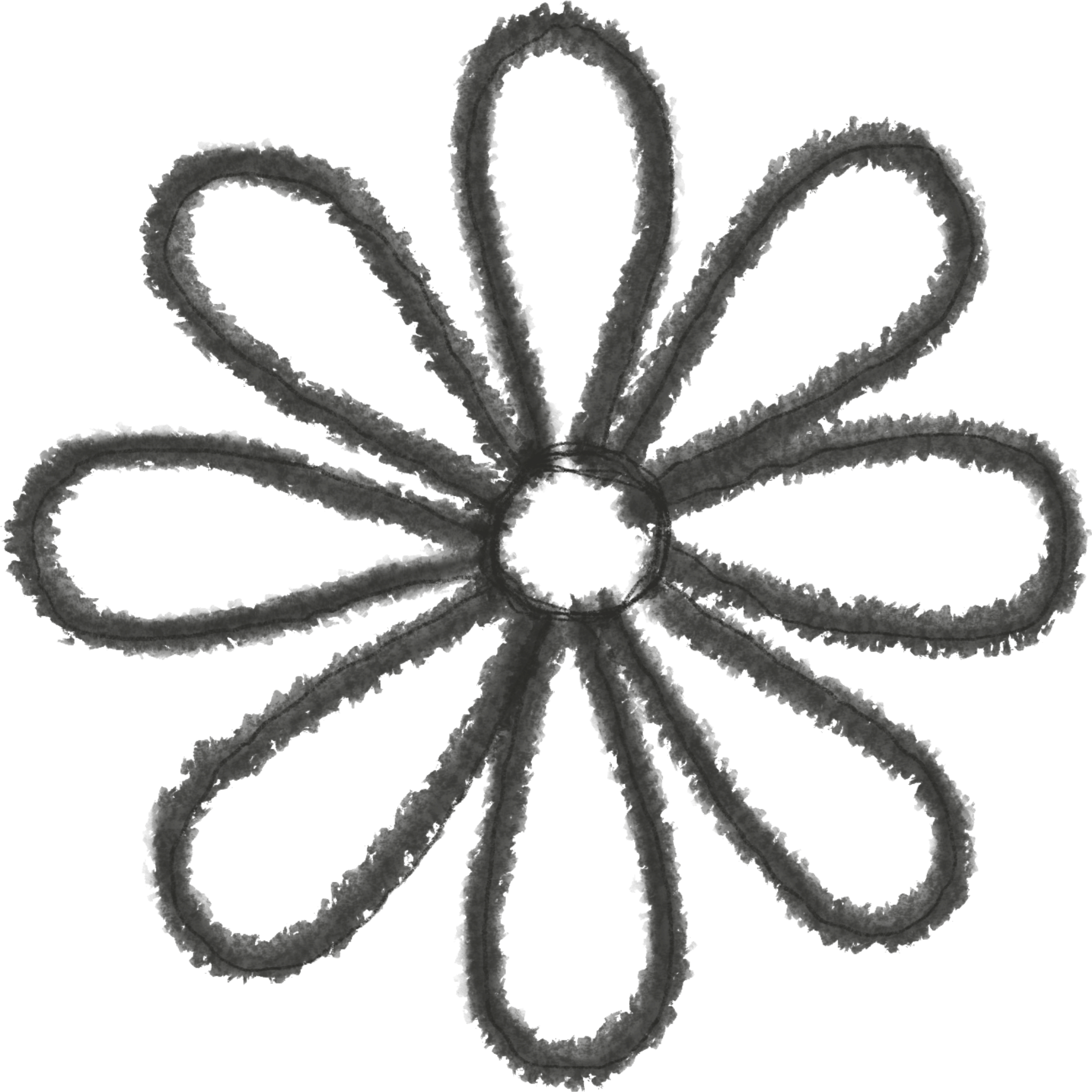 Black outline of a symmetrical, abstract flower or star with eight elongated petals or points radiating from a central circle.