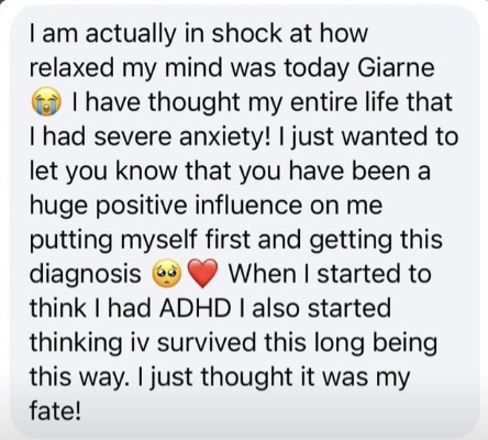 A screenshot of a text message discussing relief from anxiety and appreciation for someone's positive influence.