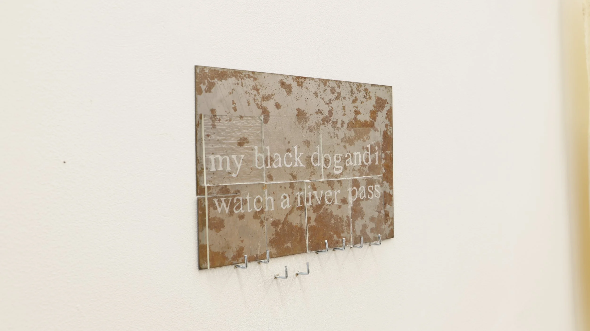 'my black dog and i', 2025, etched glass, mild steel, Leeds