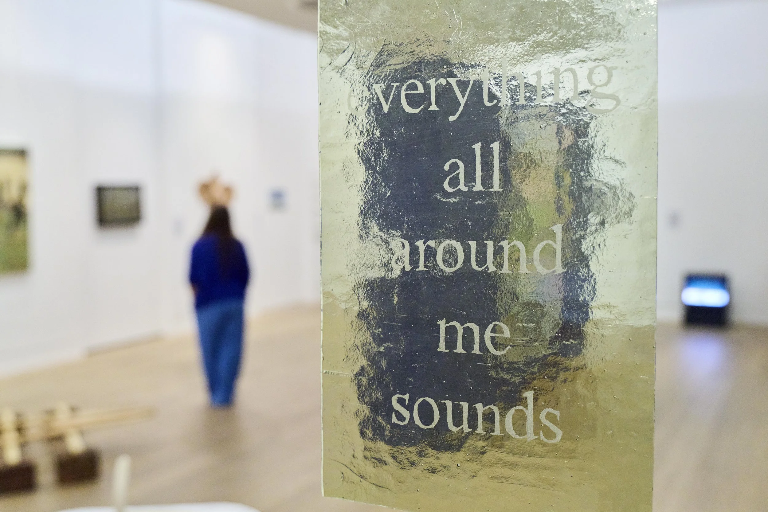 everything all around me sounds//in a frequency i don't understand, 2025, etched glass, steel, silver, Leeds 
As seen in Making Space Exhibition at the Stanley and Audrey Burton Gallery