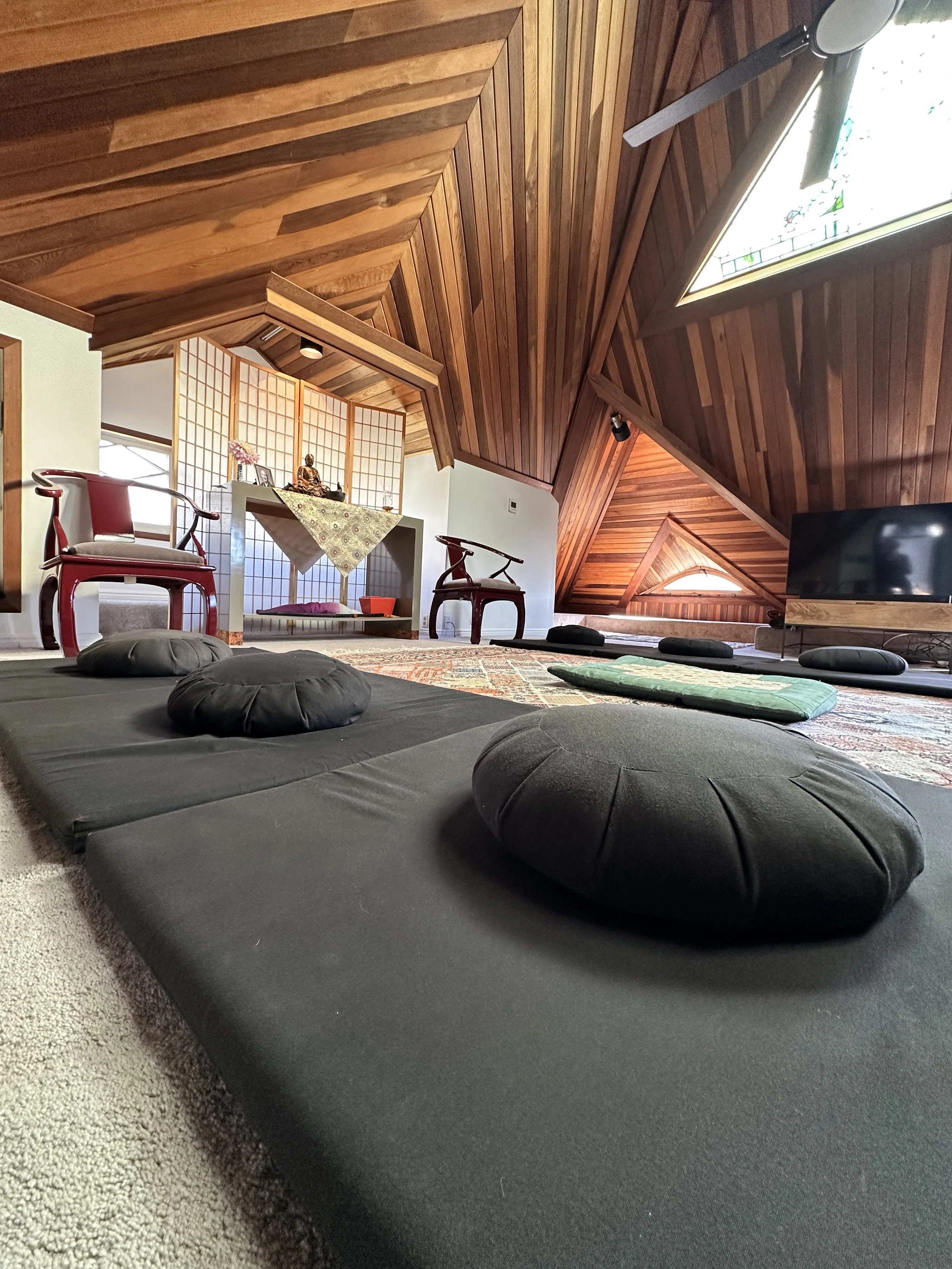 Loft-style meditation space with floor cushions, a low table with Buddha statue and flowers, wooden walls and ceiling, window, and television.