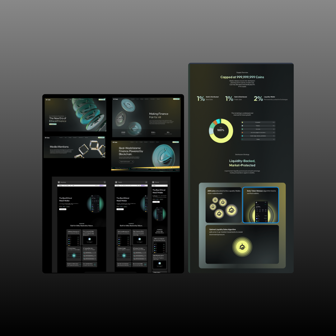 A digital infographic overview of a blockchain or cryptocurrency project. The layout includes sections with graphical charts, cryptocurrency coin icons, and text describing features like liquidity, market protection, and blockchain-powered finance.