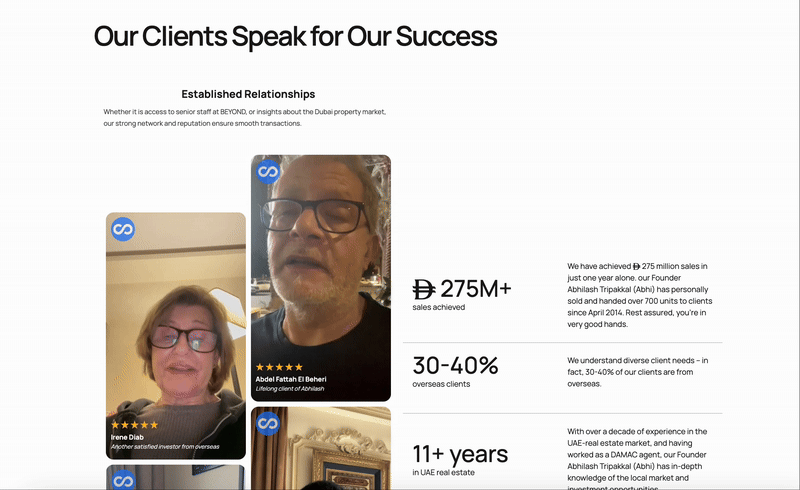 To strengthen trust further, we guided the founder to collect video testimonials from long-standing clients. These were placed prominently across the site alongside key credibility markers, sales figures, years of experience, overseas client ratios, 