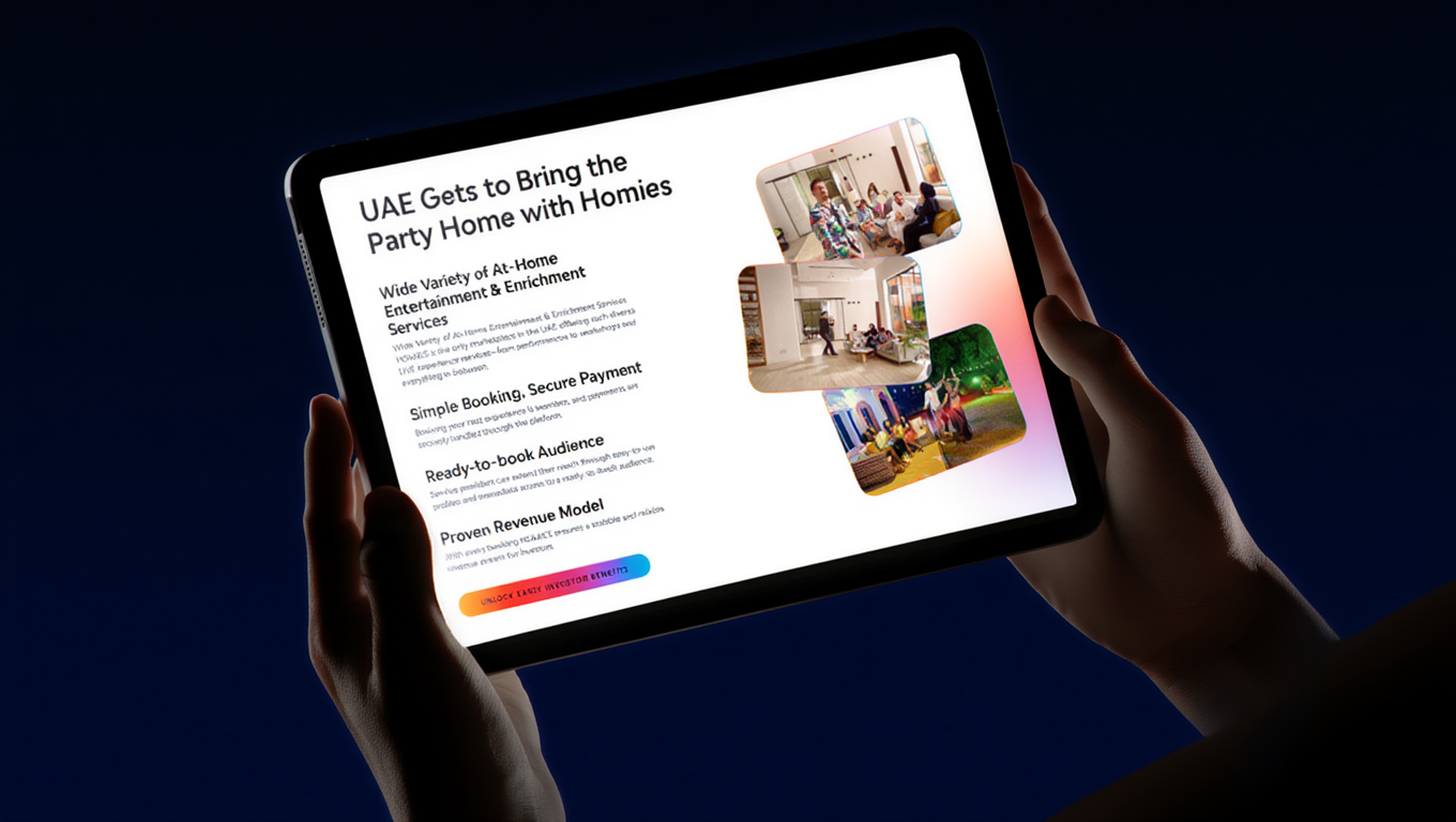 The layouts leaned heavily into real use cases, discovering experiences, browsing categories, and booking entertainment, so investors could instantly grasp the platform’s breadth and monetisation potential.