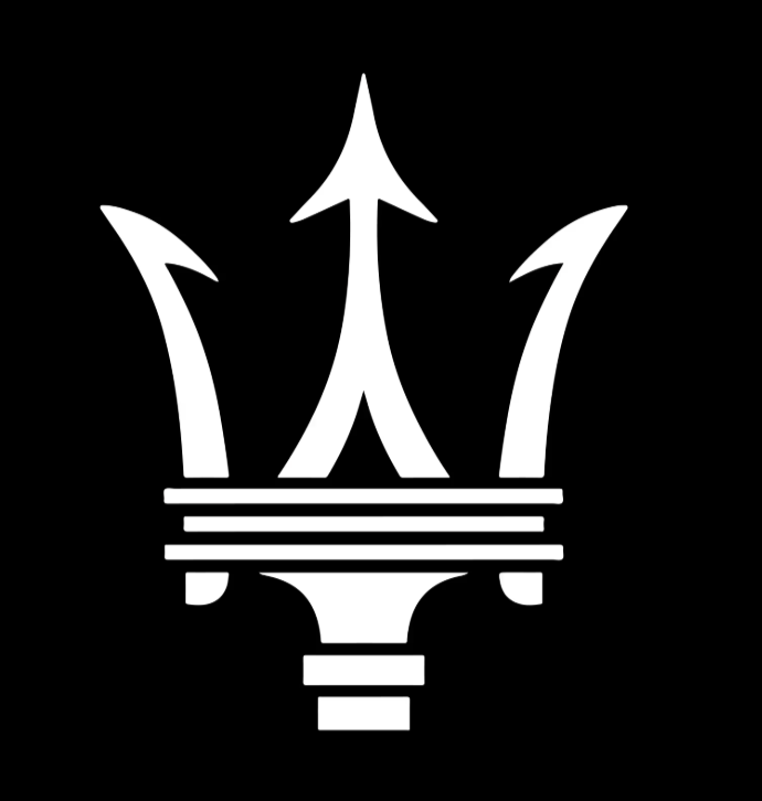 White trident logo on a black background.