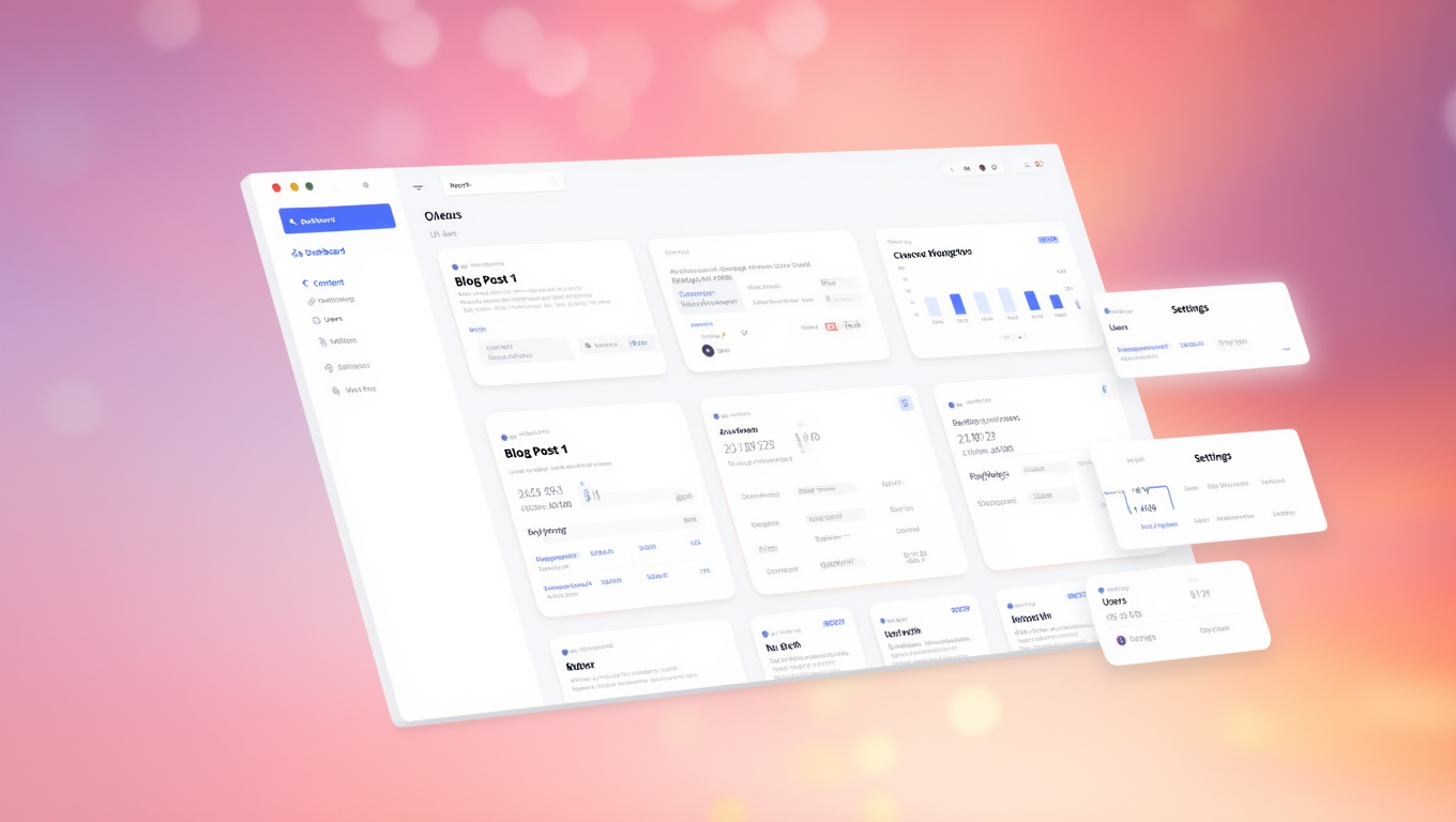 Digital dashboard interface with analytics, blog posts, and settings options on a pink and purple gradient background.