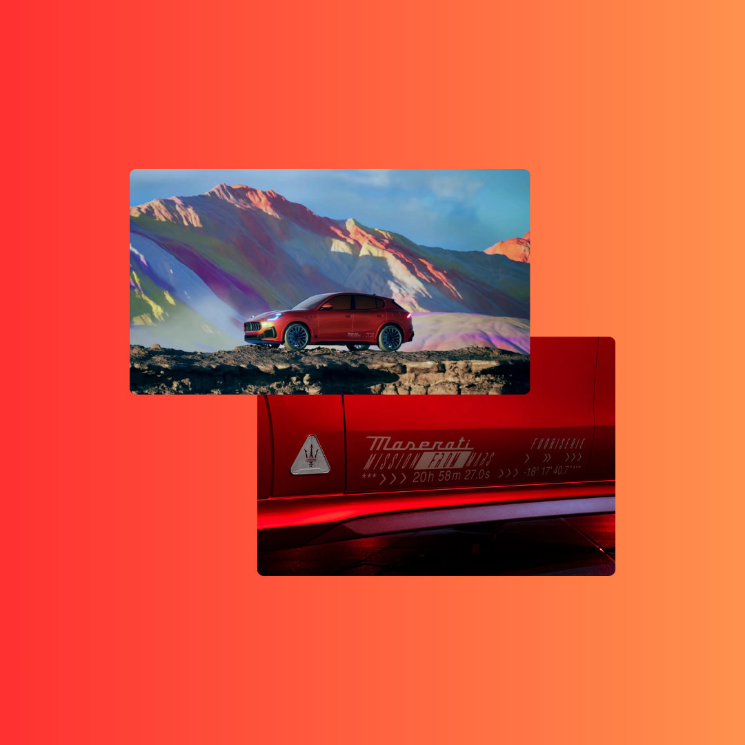 A red Maserati car displayed against a background of colorful mountains.