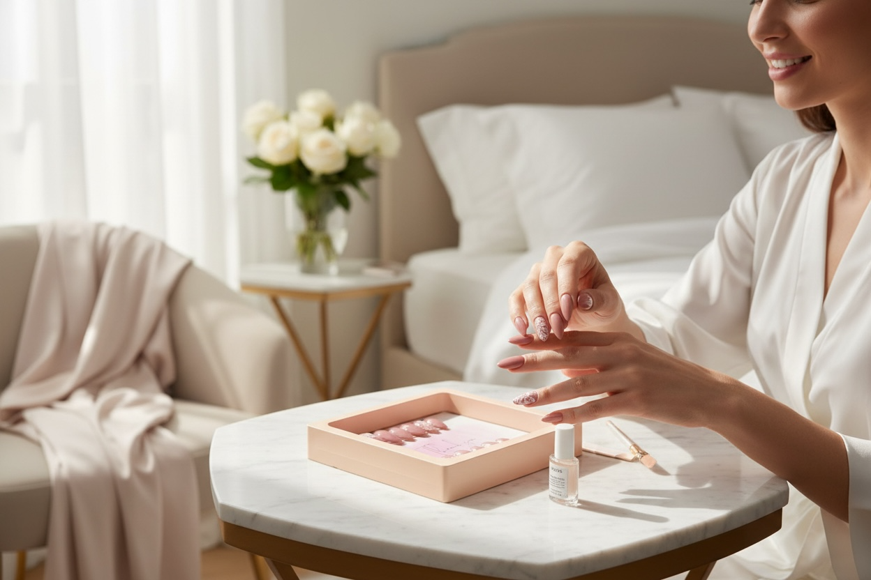 A woman getting a manicure at a marble table in a cozy room with a bed, a side table with a vase of white roses, and a soft blanket on a chair.