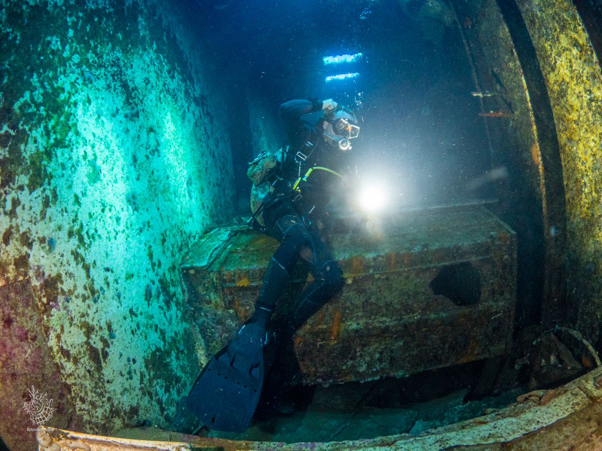 Two divers exploring the Zenobia shipwreck in Larnaca with rusted metal structures and vibrant marine life, using flashlights in a submerged archaeological site.