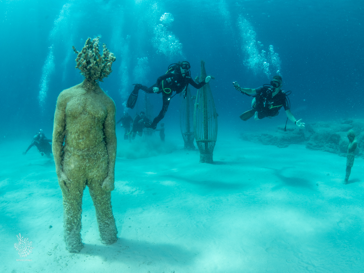 Underwater scene with divers and a statue of a person with a coral-like head, surrounded by coral structures.