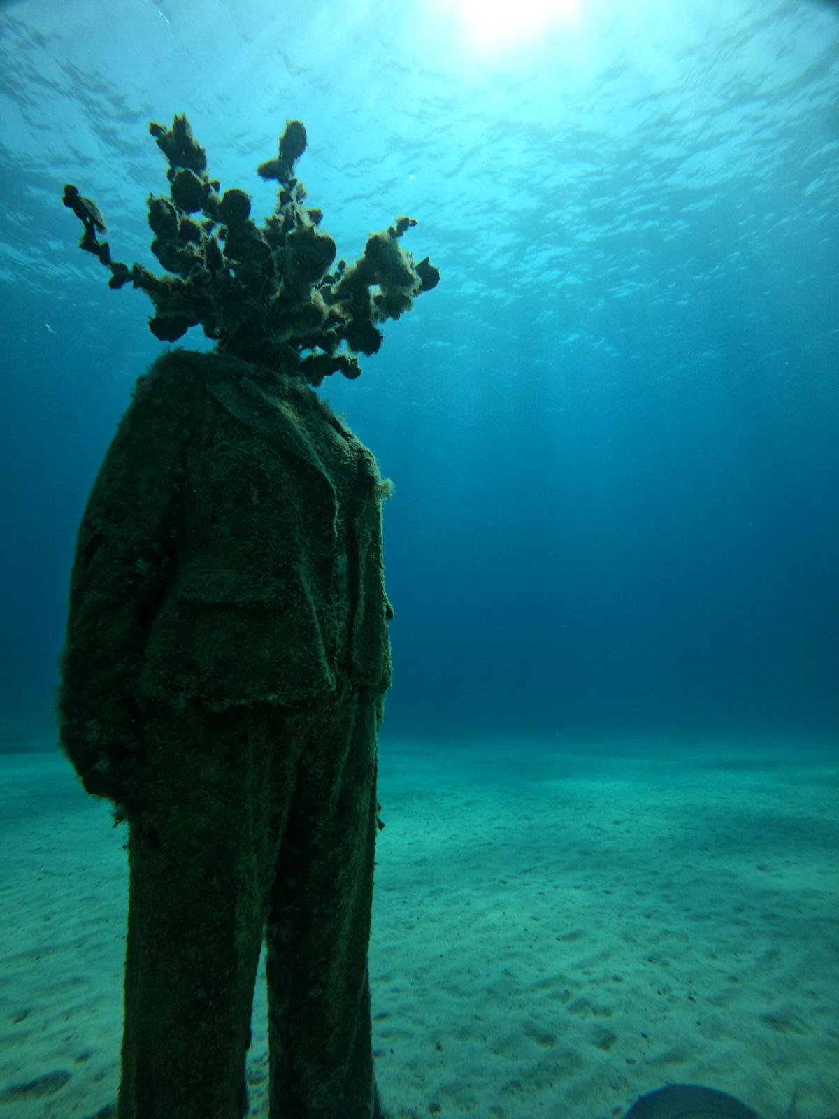 Underwater scene of a human figure with a tree-like head, dressed in a suit, on the ocean floor with clear blue water above.
