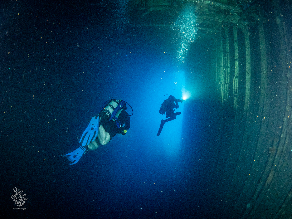 Two scuba divers exploring the zenobia shipwreck underwater, with one diver holding a flashlight illuminating the scene.