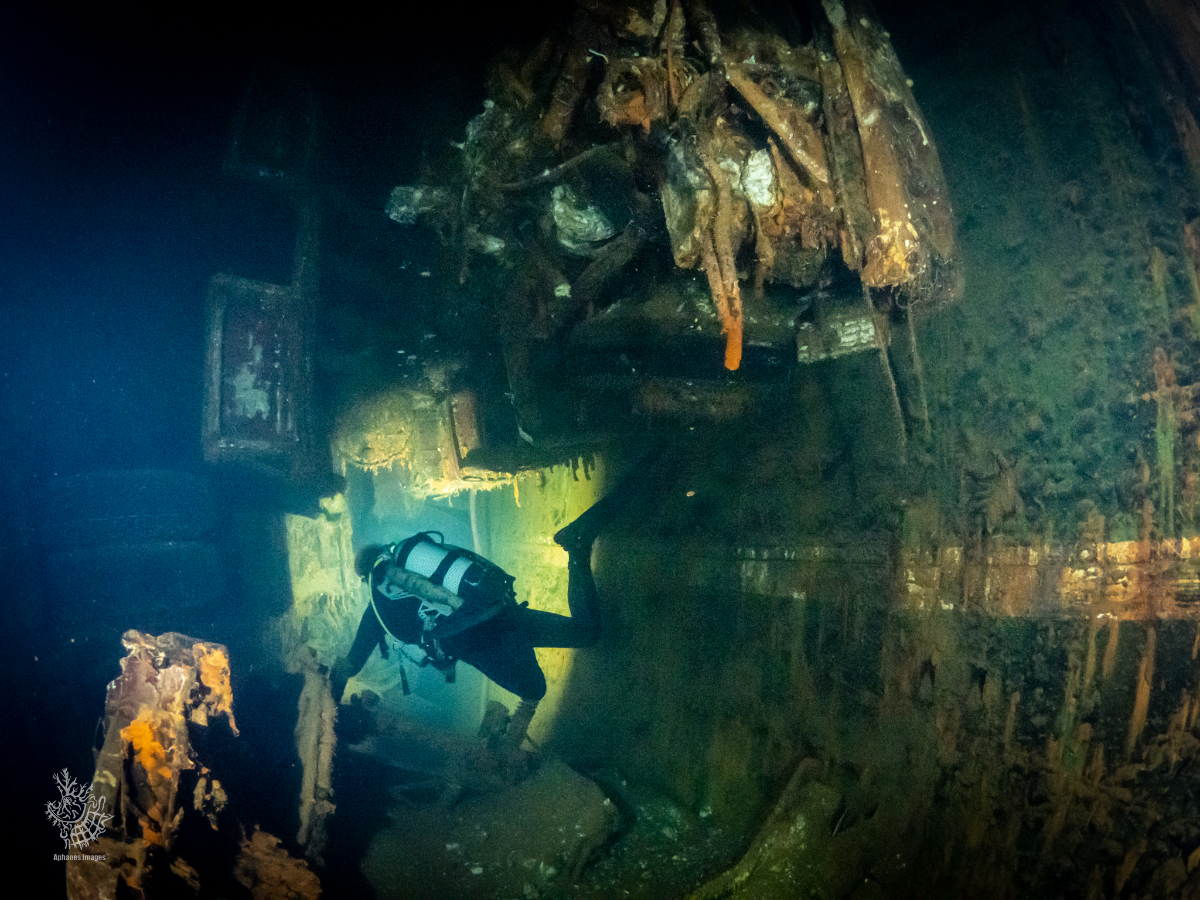 A scuba diver exploring a sunken Zenobia underwater.
