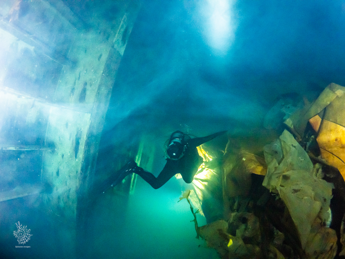 A scuba diver exploring an underwater cave with rocky formations and greenish-blue water.