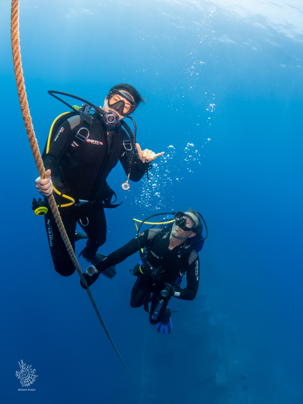Two scuba divers underwater, one holding a rope and making the shaka sign, the other looking at the camera with a black wetsuit and scuba gear.