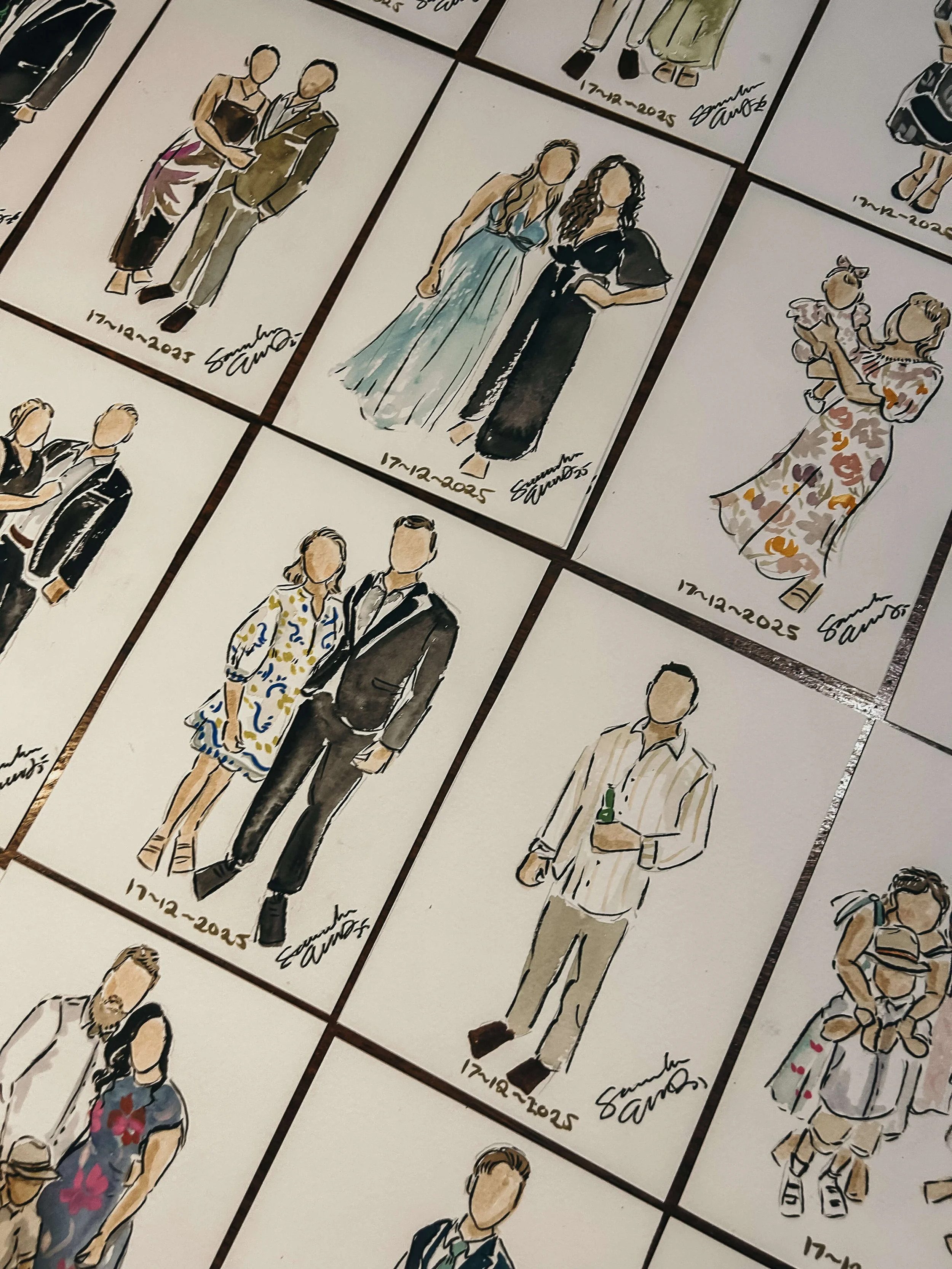 Collection of illustrated paper sketches of people in various outfits, some in formal wear, some in casual, with some holding objects like a beer and a child, each signed and dated 17-12-2025.