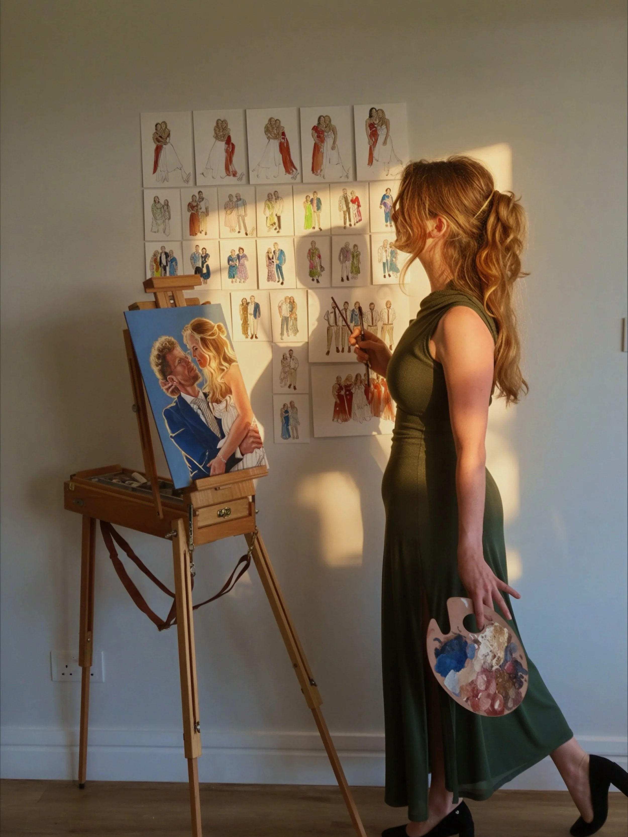 This is what a full Sam Evans Studio wedding looks like.
(Well almost &hellip; their guests (40 people) received their portraits on the night so this is just the mini doubles for the bride and groom and their oil painting ) 

📩 DM PRICING if you&rsq
