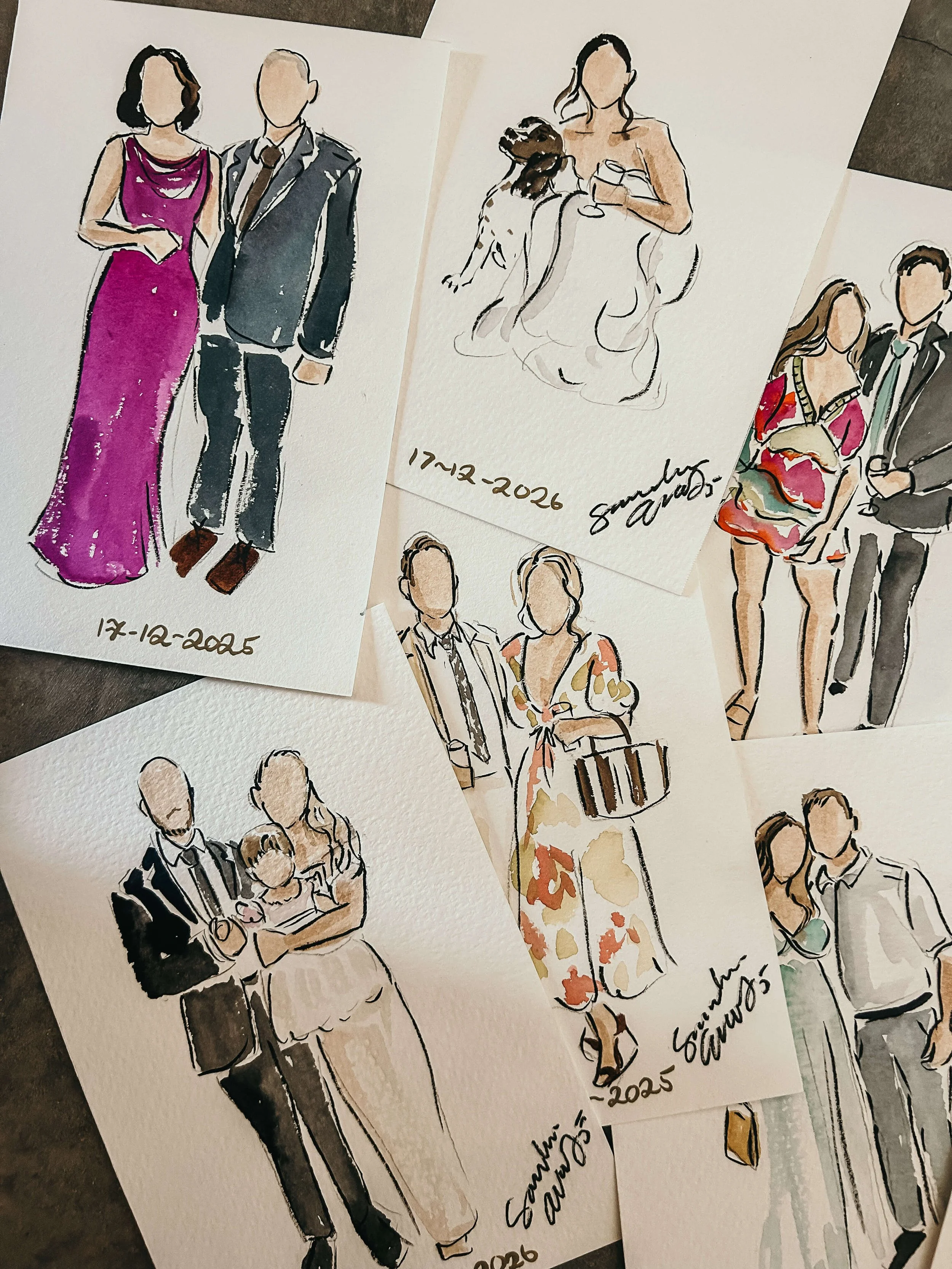 Collection of watercolor sketches of couples as part of luxury events entertainment of live guest portrait painting