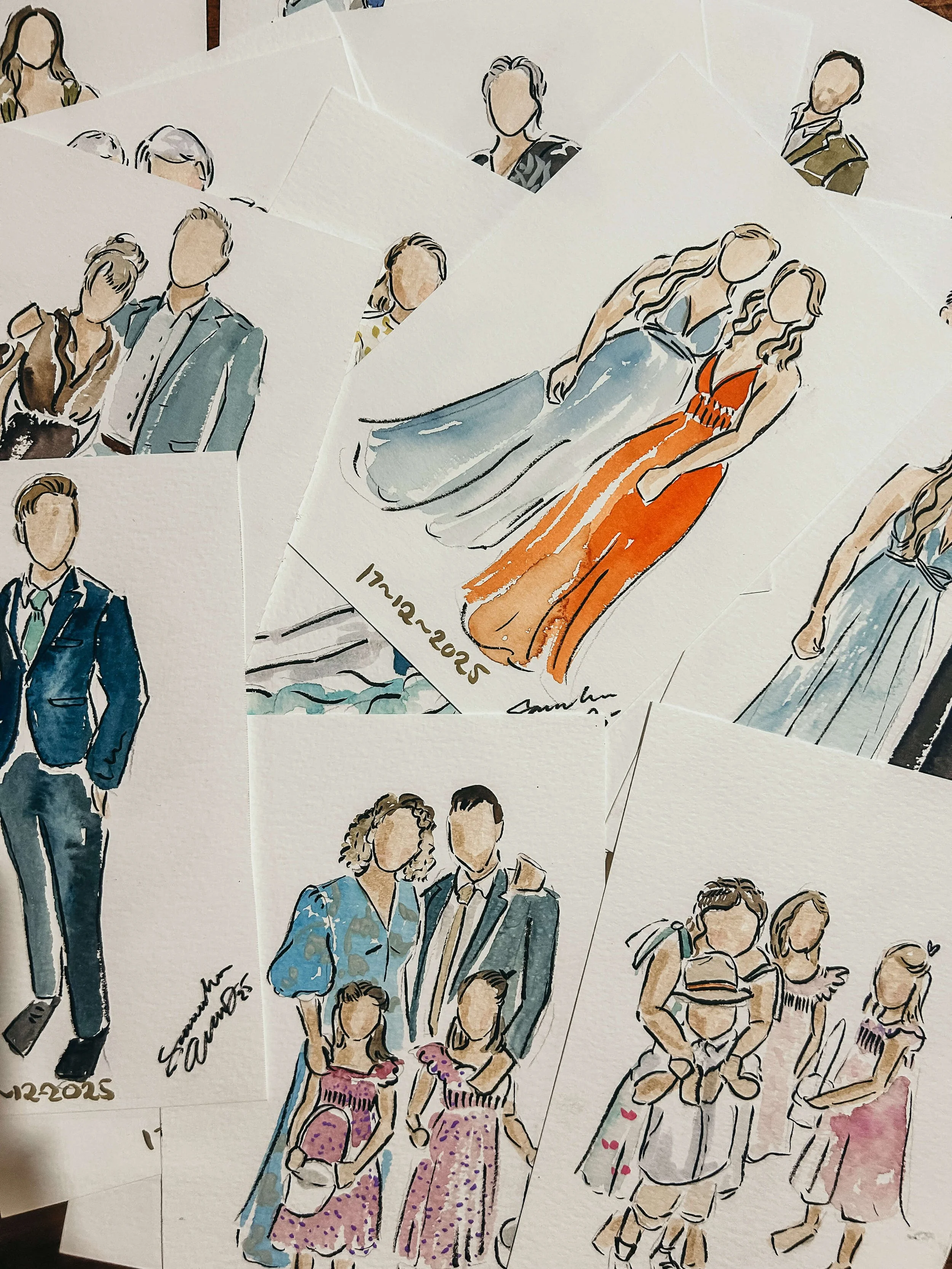 Collection of watercolor illustrations of people in various fashionable outfits, featuring adults and children, some posing alone, others in couples or groups, with a focus on clothing and style.