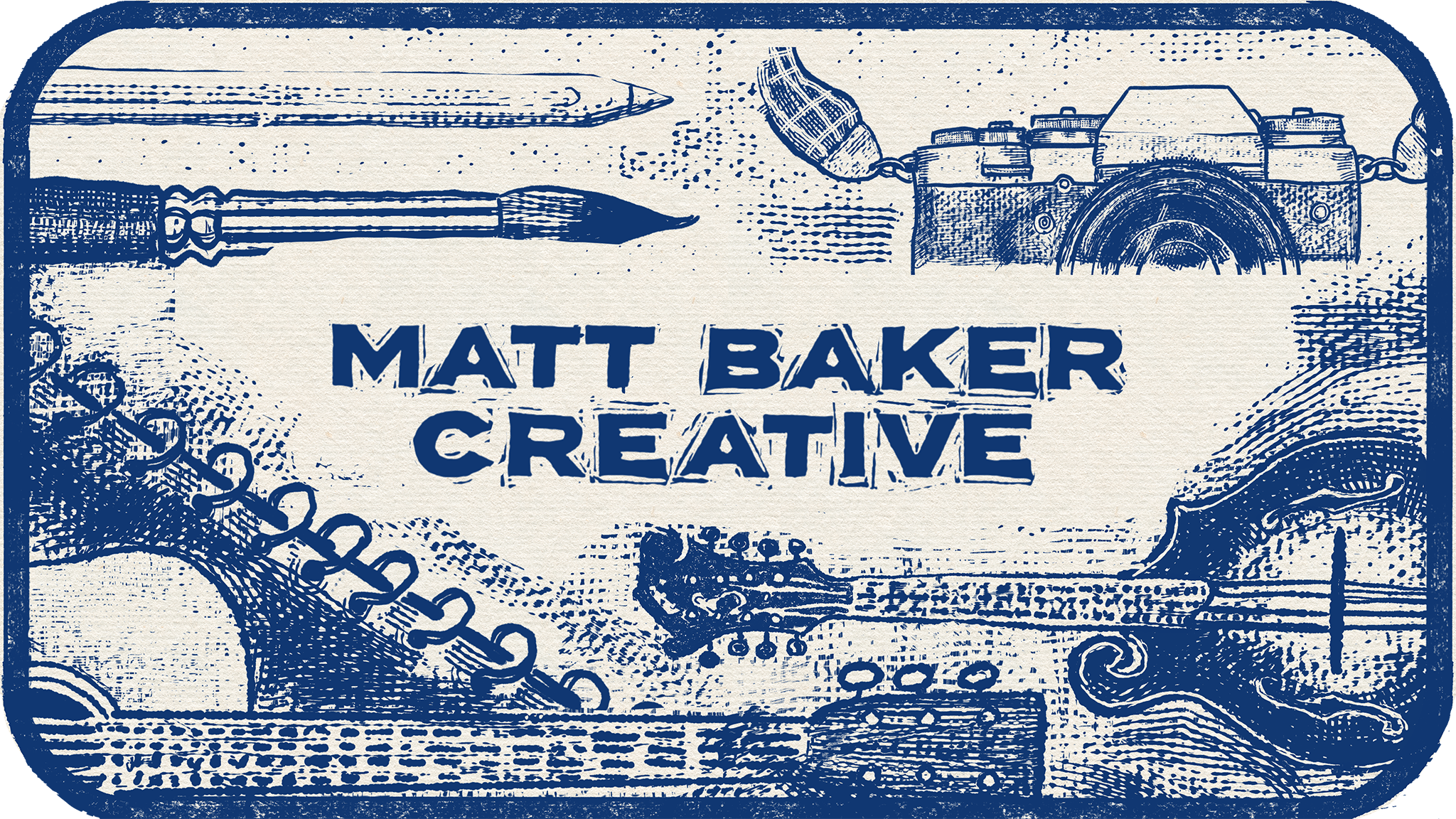 Artwork featuring drawing tools, camera, guitar, and chains, with the text 'Matt Baker Creative' in the center.