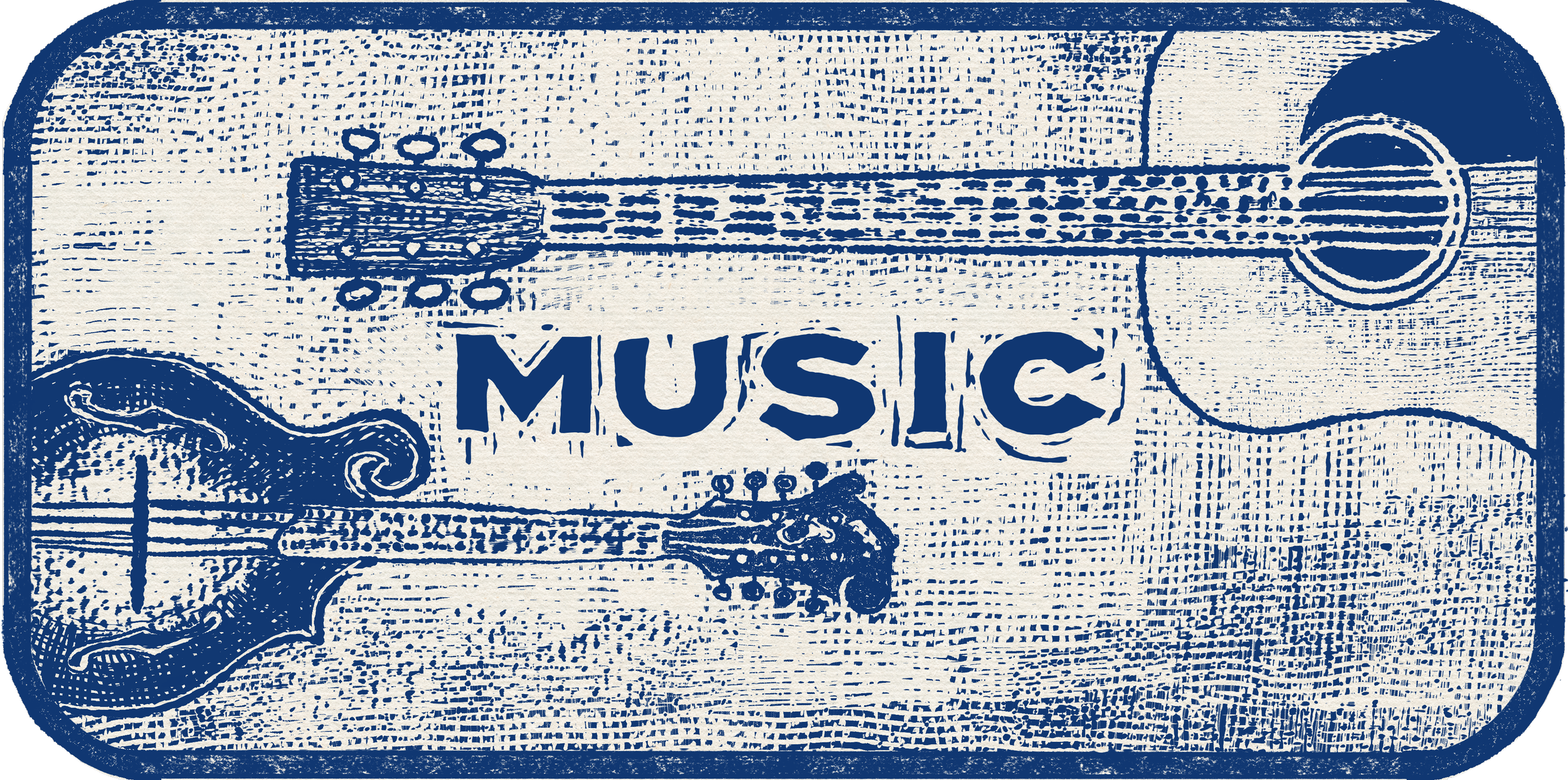 A vintage-style illustration of an acoustic guitar with the word 'MUSIC' written across the body.