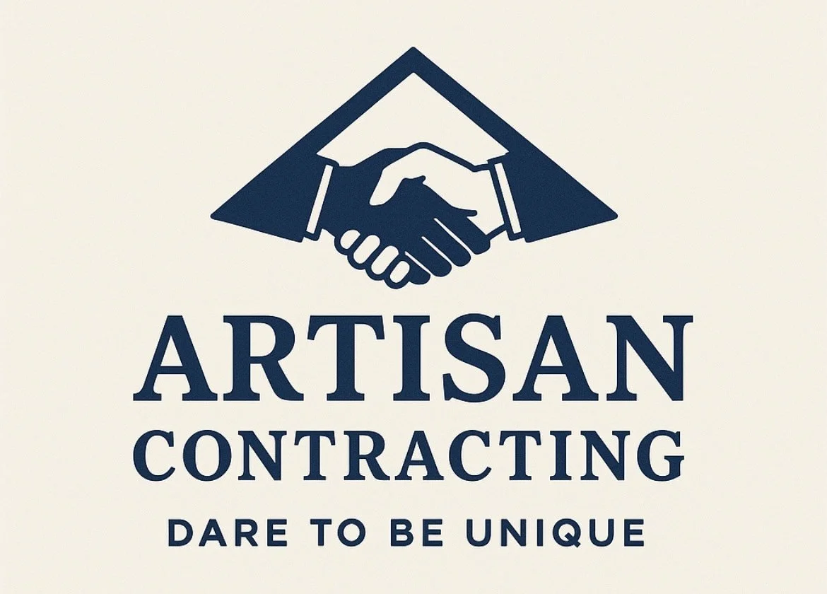 Logo with handshake illustration above the words "Artisan Contracting" and the tagline "Dare to be Unique."