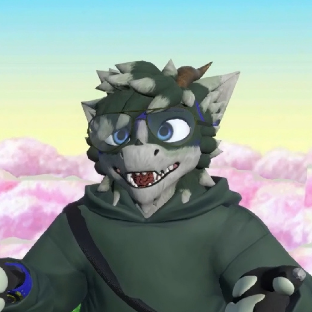 A cartoon character with wolf-like features, gray fur, blue eyes, wearing glasses and a green hoodie, standing against a background of pink clouds and a pastel sky.