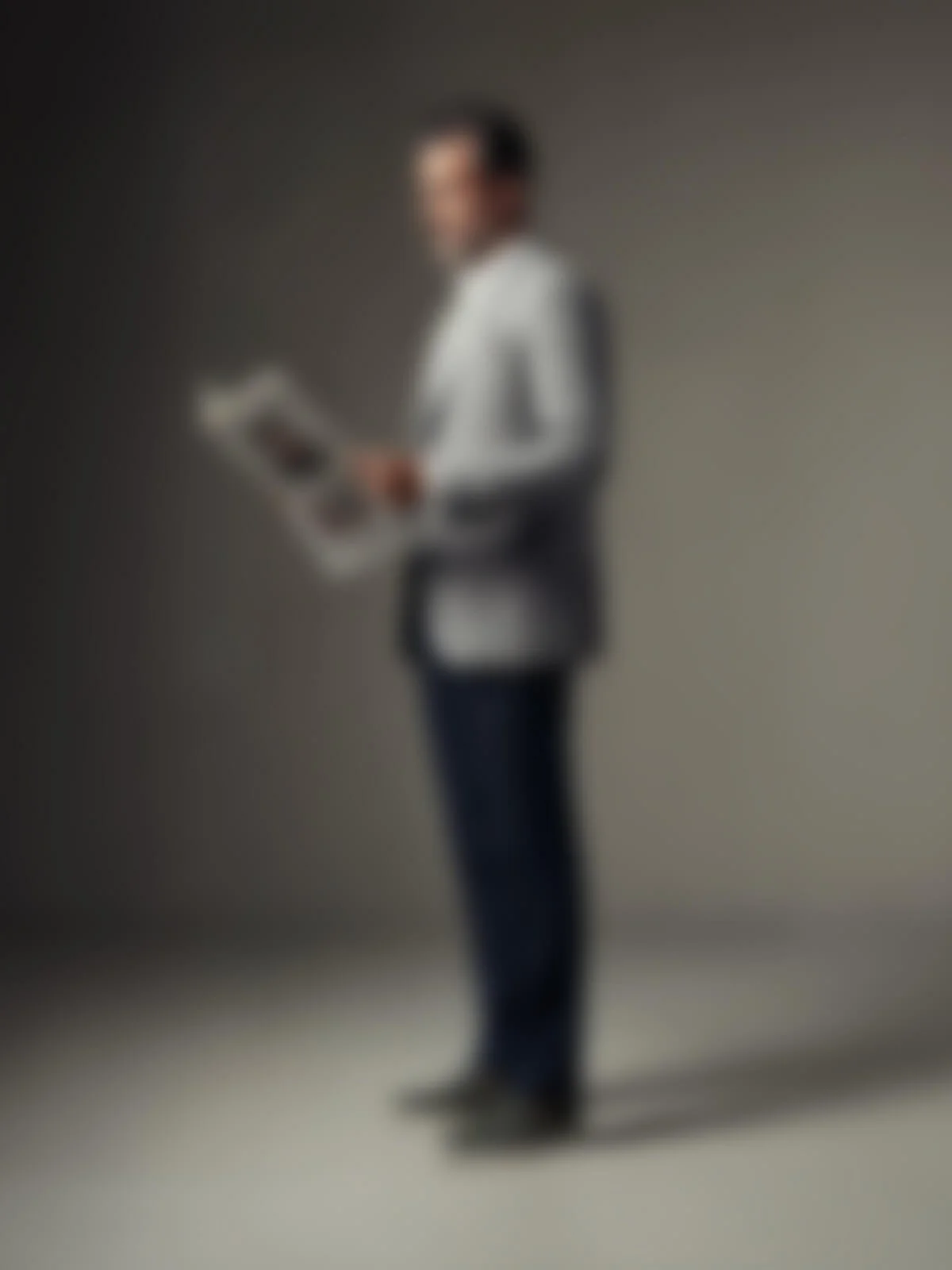 Blurry Bild eines Mannes in Businesskleidung, der einen Zeitungsartikel liest, vor neutralem Hintergrund.