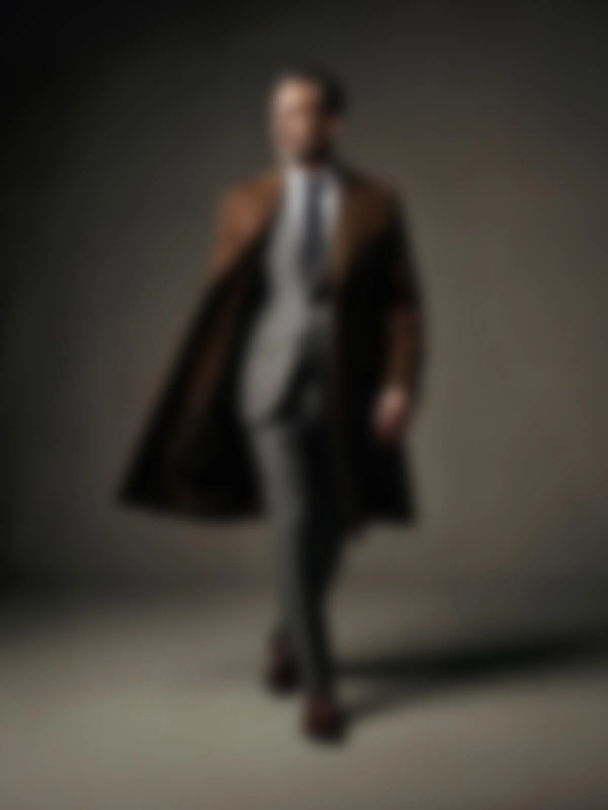 Eine verschwommene Person in einem Anzug mit einem langen, braunen Mantel, die auf einem neutralen Hintergrund steht.