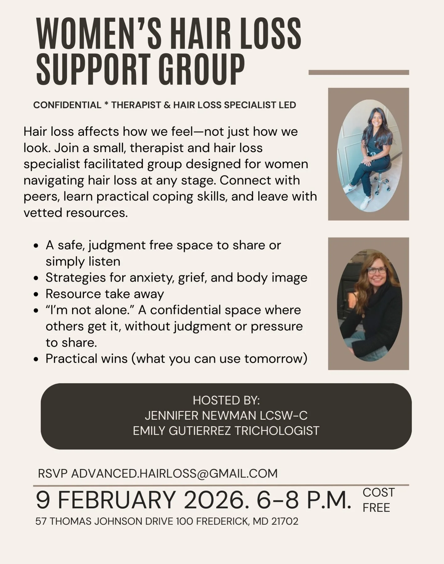 Please please share‼️⚠️ Our first ever collaboration with licensed mental health therapist Jennifer Newman. We&rsquo;re here to support local women within our community suffering from early to late stages of hairloss. Please share to your loved ones 
