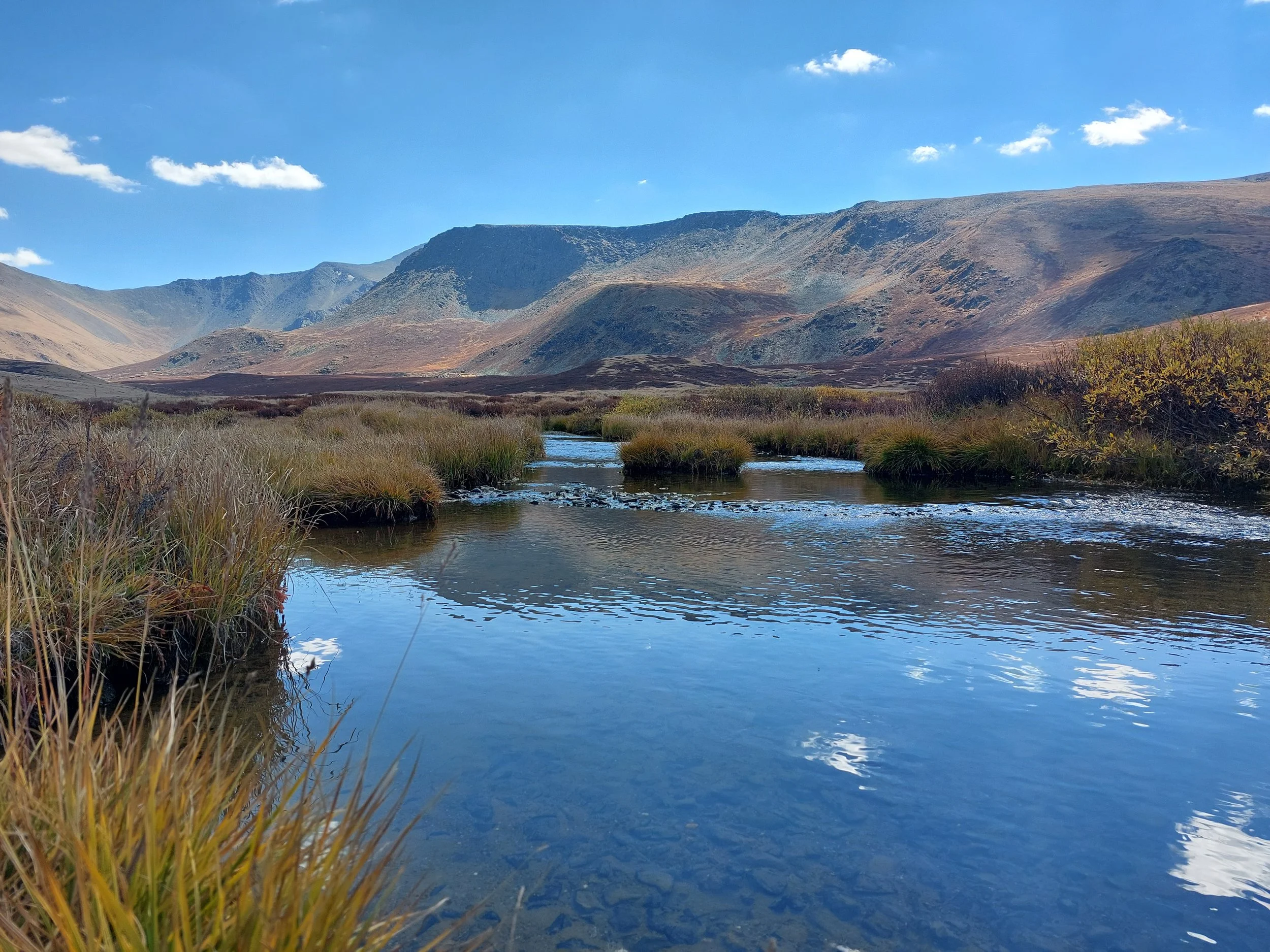A peaceful mountain landscape featuring a clear, flowing river surrounded by grassy banks, with towering mountains in the background and a partly cloudy blue sky above.