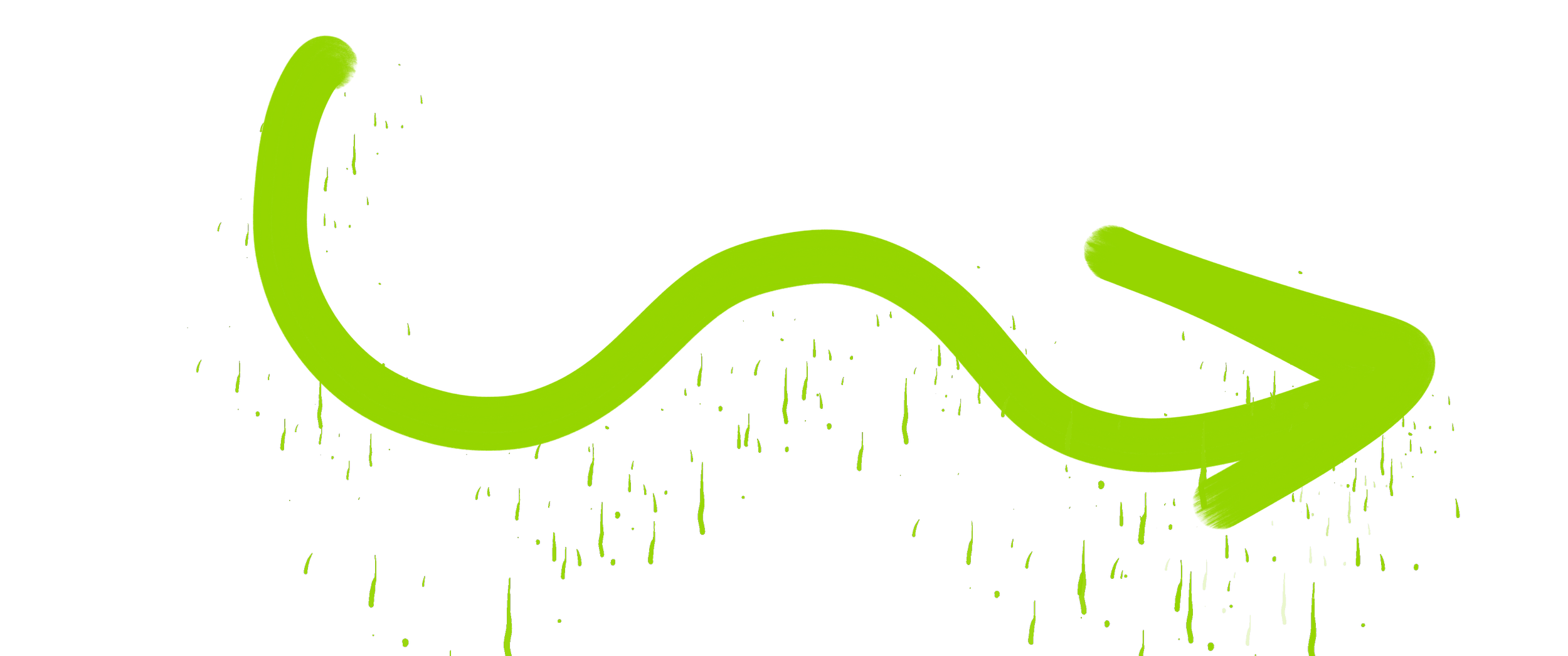 Green paint splatter graphic with a stylized, curved arrow design on a black background.