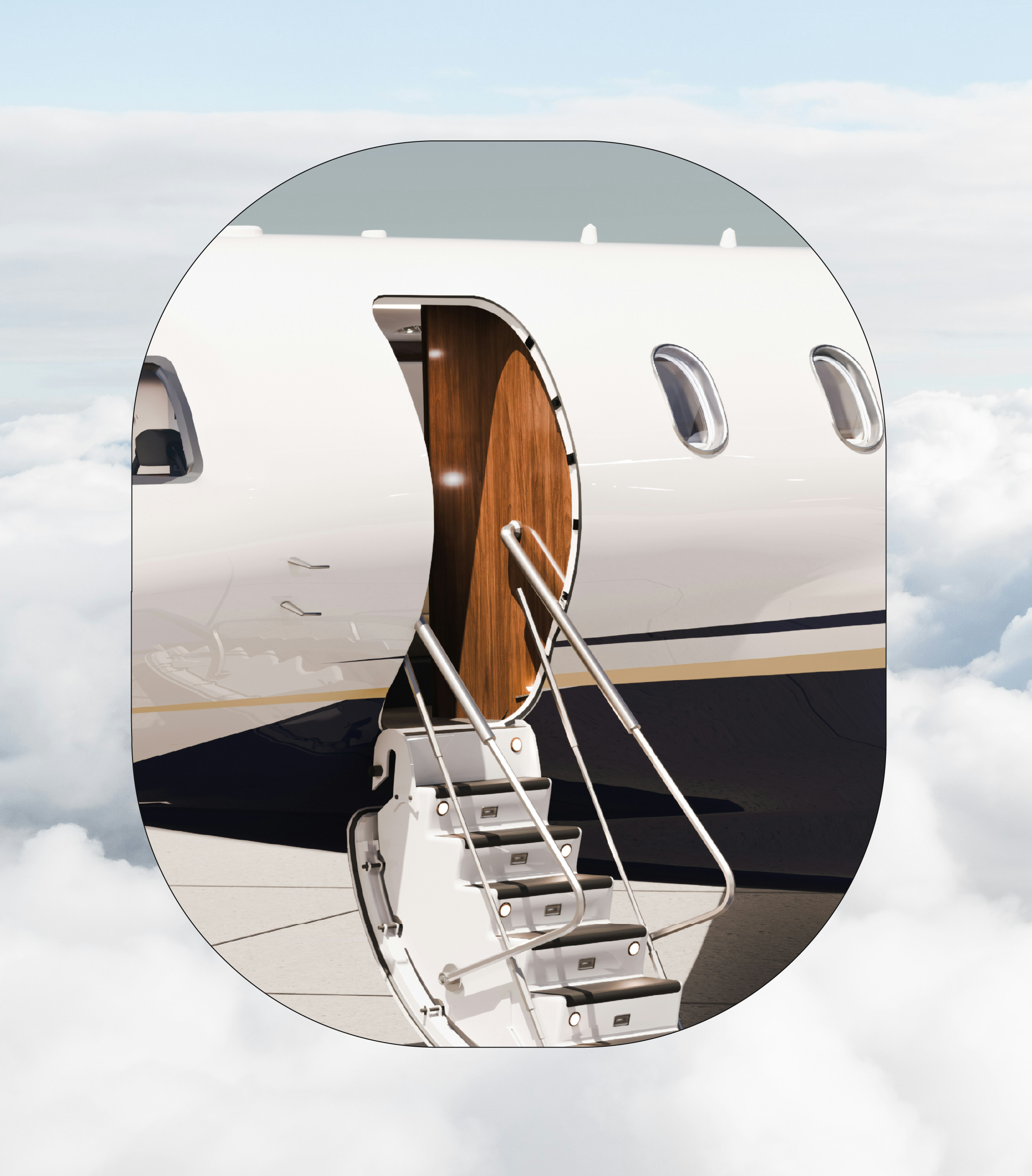 Close-up of private jet aircraft with open door and stairs, set against a sky filled with clouds.