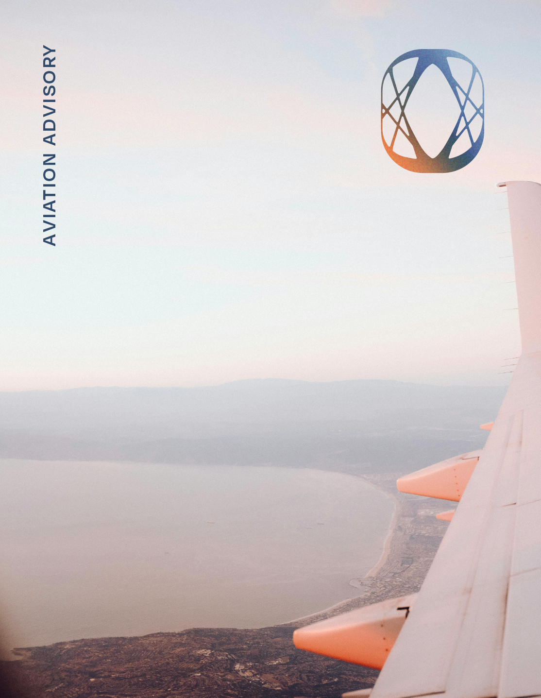 Aerial view from an airplane window showing the wing and a cloudy sky over a body of water and land. The image includes the logo of an aviation advisory company.
