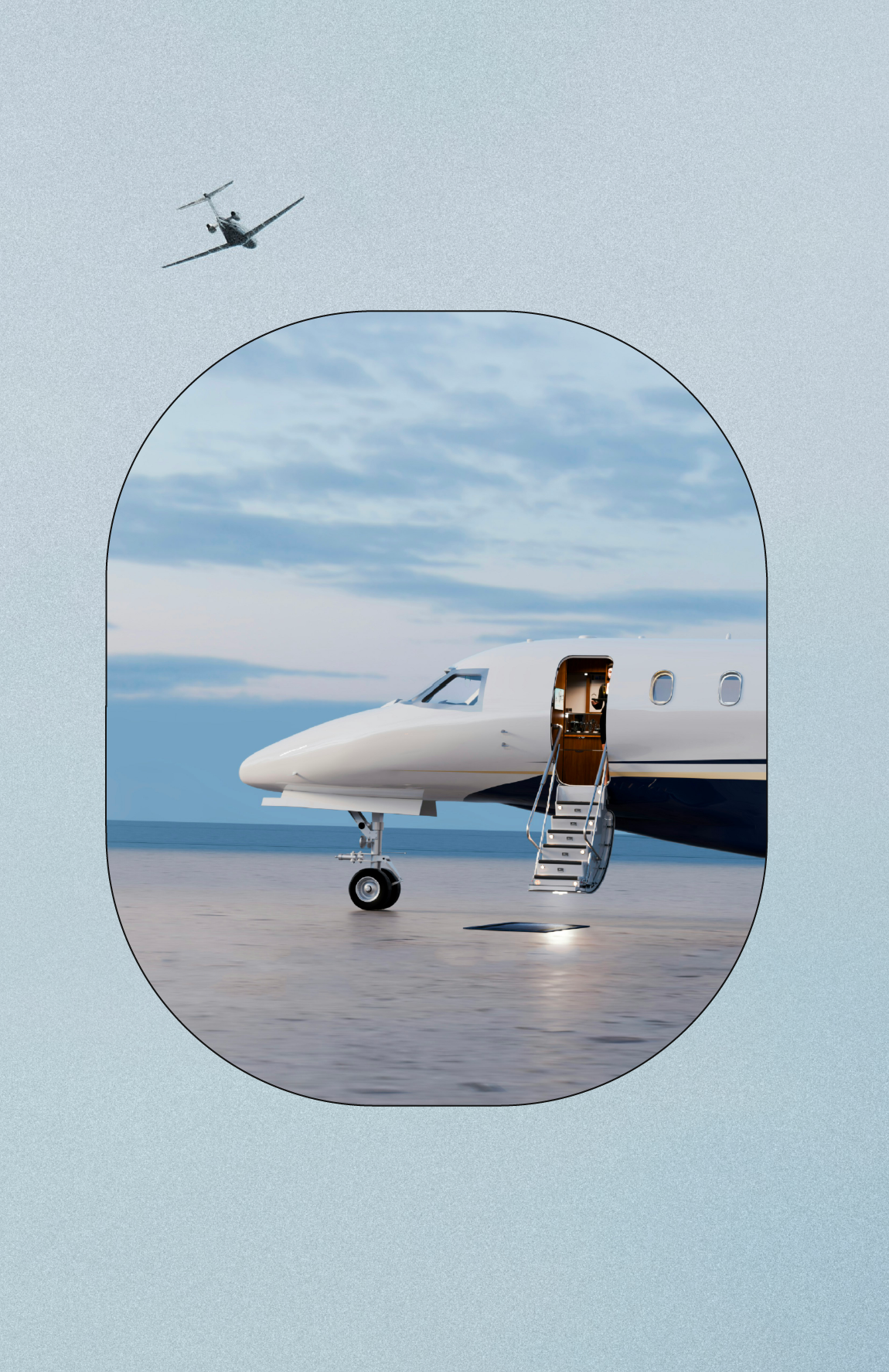 A private jet parked on a tarmac with its door open and stairs extended, with an airplane flying overhead in the sky.